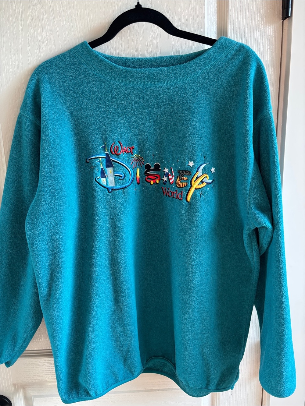 Disney Teal Crewneck Sweatshirt with Colorful Embroidered Walt Disney World Logo